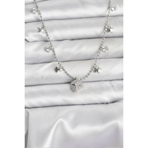 Pirinç Gümüş Renk Zirkon Taşlı Kutup Yıldızı Model Kadın Kolye