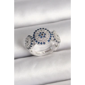 Pirinç Gümüş Renk Zirkon Taşlı Nazar Boncuk Model Ayarlanabilir Kadın Yüzük