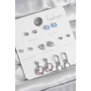 Pirinç Gümüş Renk Zirkon Taşlı Sallantı Halka Model Çiçek Detay 7 Çift Kadın Küpe Seti