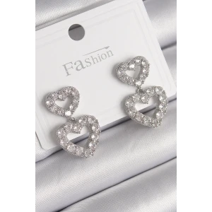 Pirinç Gümüş Renk Zirkon Taşlı Sallantı Kalp Model Kadın Küpe