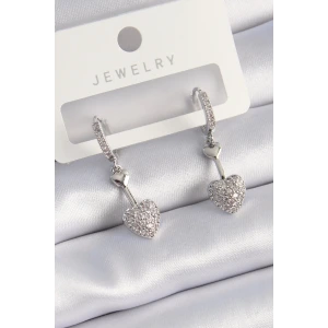 Pirinç Gümüş Renk Zirkon Taşlı Sallantı Kalp Model Kadın Küpe