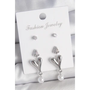 Pirinç Gümüş Renk Zirkon Taşlı Sallantılı Kalp Model 3 Çift Kadın Küpe Seti