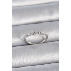 Pirinç Gümüş Renk Zirkon Taşlı Sıralı İnci Ayarlanabilir Model Kadın Yüzük