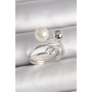 Pirinç Gümüş Renk Zirkon Taşlı Toplu İnci Model Kadın Yüzük