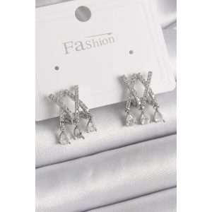 Pirinç Gümüş Renk Zirkon Taşlı X Model Sallantı Detay Kadın Küpe