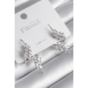 Pirinç Gümüş Renk Zirkon Taşlı Yaprak Model Kadın Küpe