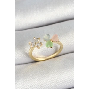 Pirinç Kalp Figürlü Zirkon Taşlı Gold Renk Ayarlanabilir Kadın Yüzük