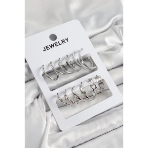Pirinç Karışık Halka Model Gümüş Renk 6 Çift Kadın Küpe Set