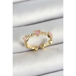 Pirinç Sıralı Kalp Figürlü Zirkon Taşlı Gold Renk Ayarlanabilir Kadın Yüzük