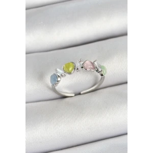 Pirinç Sıralı Kalp Figürlü Zirkon Taşlı Gümüş Renk Ayarlanabilir Kadın Yüzük