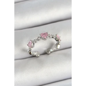 Pirinç Sıralı Kalp Figürlü Zirkon Taşlı Gümüş Renk Ayarlanabilir Kadın Yüzük