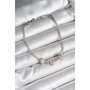 Pirinç Sıralı Pembe Kalp Figürlü Zirkon Taşlı Gümüş Renk Kadın Bileklik