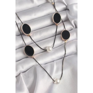 Pirinç Siyah Renk Zincir İnci Detaylı Çoklu Kadın Kolye