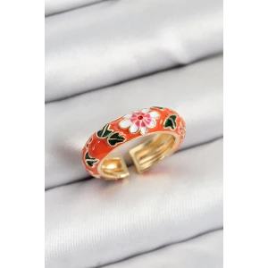 Pirinç Turuncu Mineli Çiçek Motifli Gold Renk Ayarlanabilir Kadın Yüzük