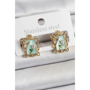 Pirinç Yeşil Mineli Sanatsal Portre Model Gold Renk Kadın Küpe