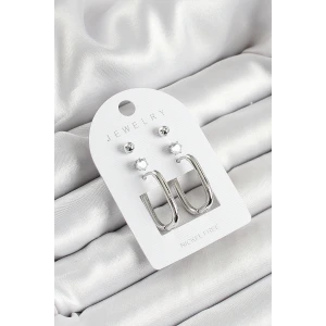 Pirinç Zirkon Taş Ve Dikdörtgen Figürlü Gümüş Renk 3lü Çift Kadın Küpe Set