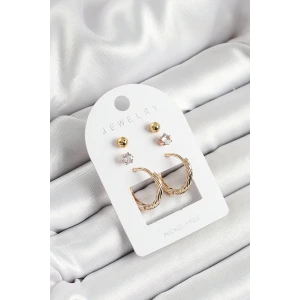 Pirinç Zirkon Taş Ve Halka Figürlü Gold Renk 3lü Çift Kadın Küpe Set