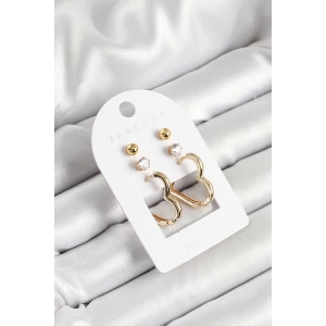 Pirinç Zirkon Taş Ve Kalp Figürlü Gold Renk 3lü Çift Kadın Küpe Set
