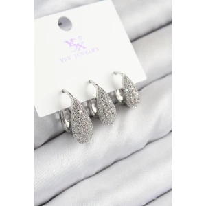 Pirinç Zirkon Taşlı 3lü Damla Model Gümüş Renk Kadın Küpe