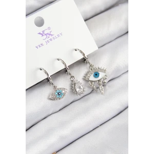 Pirinç Zirkon Taşlı 3lü Fatmanın Gözü Model Gümüş Renk Kadın Küpe