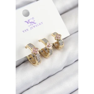 Pirinç Zirkon Taşlı 3lü Halka Yonca Model Gold Ve Gümüş Renk Kadın Küpe