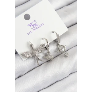 Pirinç Zirkon Taşlı 3lü Kuş Model Gümüş Renk Kadın Küpe