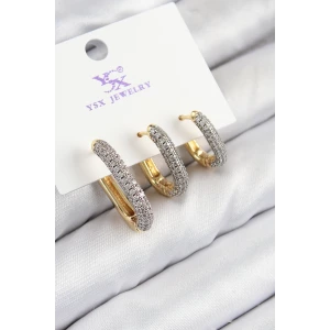 Pirinç Zirkon Taşlı 3lü Oval Dikdörtgen Model Gold Ve Gümüş Renk Kadın Küpe
