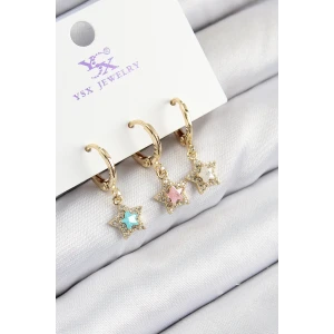 Pirinç Zirkon Taşlı 3lü Renkli Yıldız Model Gold Renk Kadın Küpe