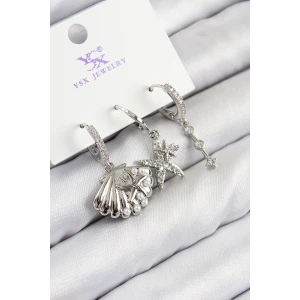 Pirinç Zirkon Taşlı 3lü Yıldız Ve İstiridye Model Gümüş Renk Kadın Küpe