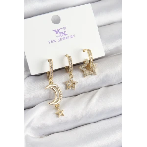 Pirinç Zİrkon Taşlı Ay Ve Hilal Model Gold Renk 3lü Kadın Küpe