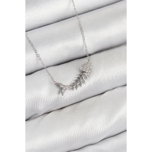 Pirinç Zirkon Taşlı Balık Kılçığı Model Gümüş Renk Kadın Kolye