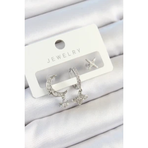 Pirinç Zirkon Taşlı Çiçek Ve Ay Model Gümüş Renk 3lü Çift Kadın Küpe Set