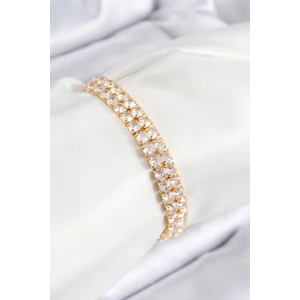 Pirinç Zirkon Taşlı Çift Sıra Kare Model Gold Renk Asansörlü Kadın Bileklik