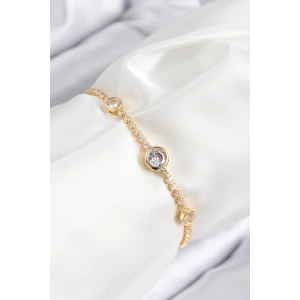 Pirinç Zirkon Taşlı Daire Model Gold Renk Asansörlü Kadın Bileklik