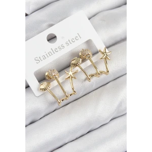 Pirinç Zirkon Taşlı Deniz Yıldızı ve İstiridye Model Gold Renk Kadın Küpe