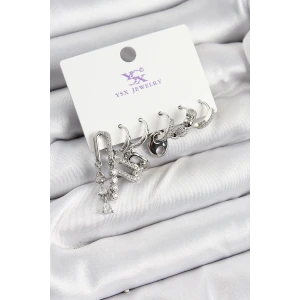 Pirinç Zİrkon Taşlı Dikdörtgen Model Gümüş Renk 3lü Çift Kadın Küpe