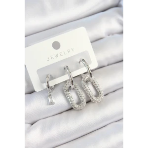 Pirinç Zirkon Taşlı Dikdörtgen Model Gümüş Renk 3lü Çift Kadın Küpe Set