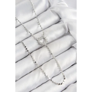 Pirinç Zirkon Taşlı Ezme Zincirli Kalp Model Gümüş Renk Y Kolye