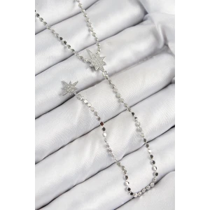 Pirinç Zirkon Taşlı Ezme Zincirli Kutup Yıldızı Model Gümüş Renk Y Kolye