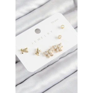 Pirinç Zirkon Taşlı Fiyonk Model Gold Renk 925 Ayar Gümüş Çivi Kadın Küpe Set