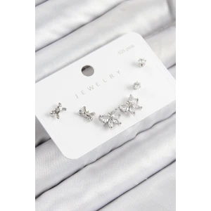 Pirinç Zirkon Taşlı Fiyonk Model Gümüş Renk 925 Ayar Gümüş Çivi Kadın Küpe Set