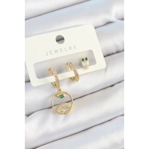 Pirinç Zirkon Taşlı Göz Ve Baykuş Model Gold Renk 3lü Çift Kadın Küpe Set
