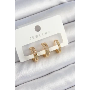 Pirinç Zirkon Taşlı Halka Model Gold Renk 3lü Çift Kadın Küpe Set