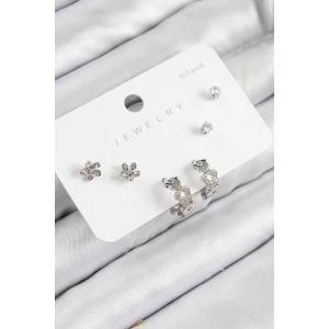 Pirinç Zirkon Taşlı Halka Model Gümüş Renk 925 Ayar Gümüş Çivi Kadın Küpe Set