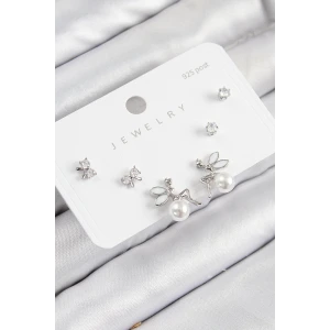 Pirinç Zirkon Taşlı İnci Melek Model Gümüş Renk 925 Ayar Gümüş Çivi Kadın Küpe Set