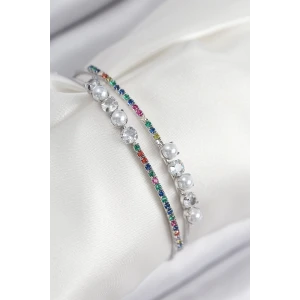 Pirinç Zirkon Taşlı İnci Model Gümüş Renk Kadın Bileklik