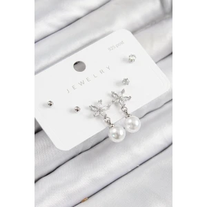 Pirinç Zirkon Taşlı İnci Sallantılı Çiçek Model Gümüş Renk 925 Ayar Gümüş Çivi Kadın Küpe Set
