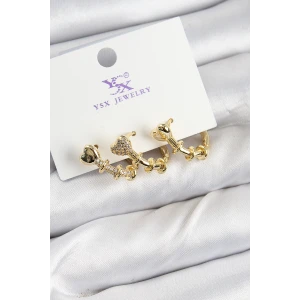 Pirinç Zİrkon Taşlı Kalp Model Gold Renk 3lü Kadın Küpe
