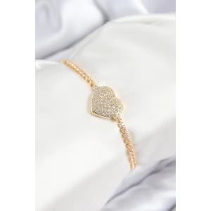 Pirinç Zirkon Taşlı Kalp Model Gold Renk Asansörlü Kadın Bileklik