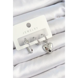 Pirinç Zirkon Taşlı Kalp Model Gümüş Renk 3lü Çift Kadın Küpe Set